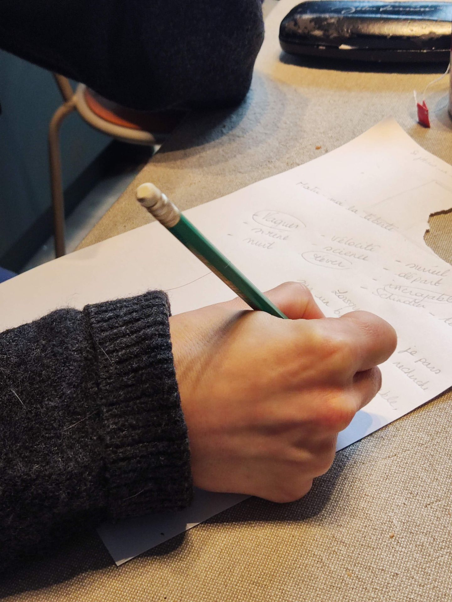 Main qui écrit au crayon lors d'un atelier d'écriture créative