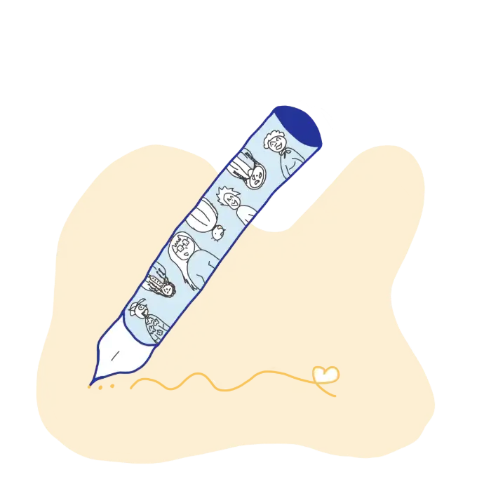 Stylo à l'oeuvre, de nombreuses personnes représentées sur le manche du stylo