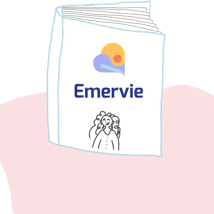 Livre fermé dont la couverture comporte le logo d'Emervie ainsi qu'un personnage aux cheveux bouclés